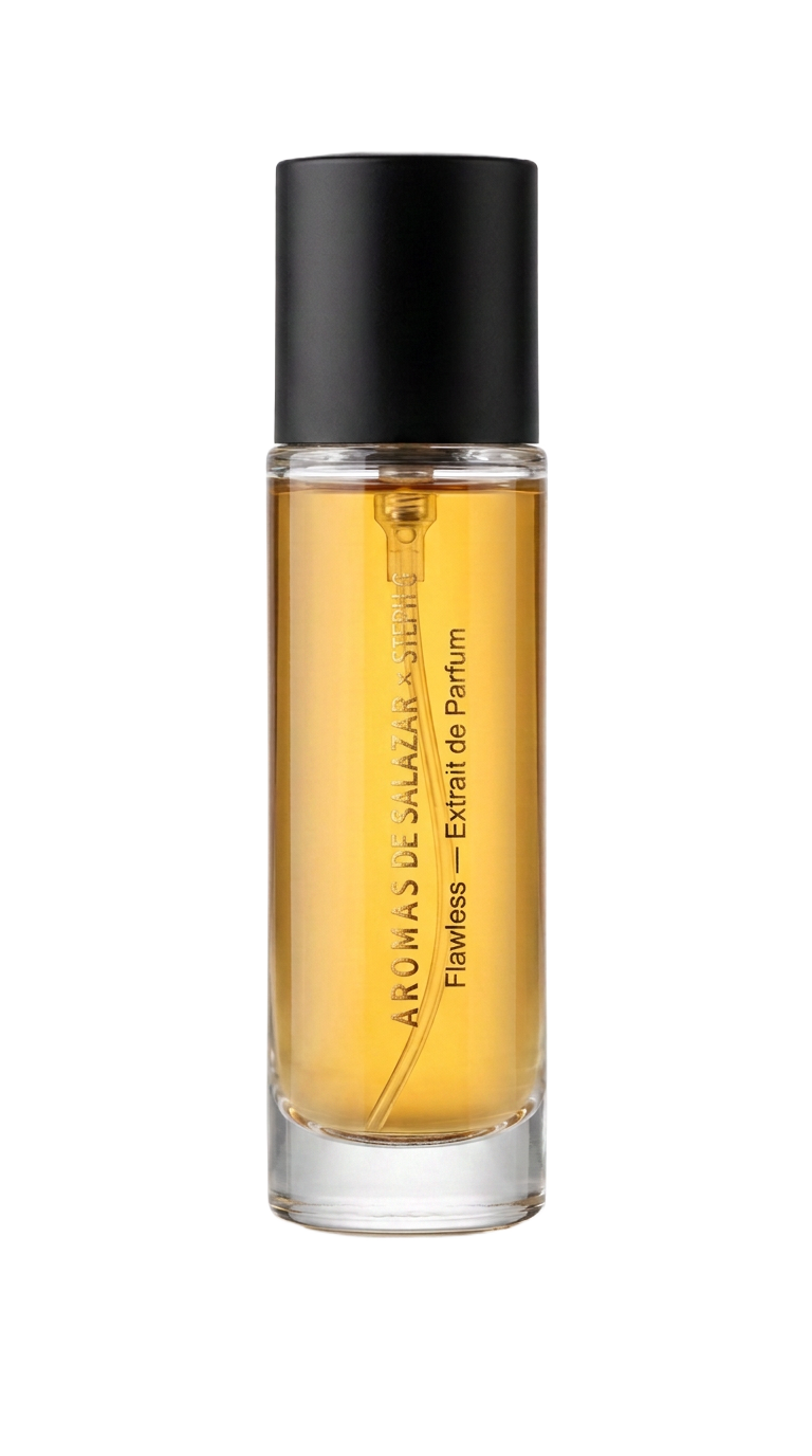 Flawless 35% extrait — marbled crimson glass bottle with brushed antique gold cap