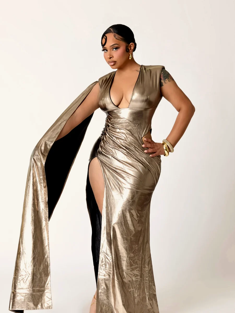 Steph G in metallic gold for the Flawless campaign, frame 1